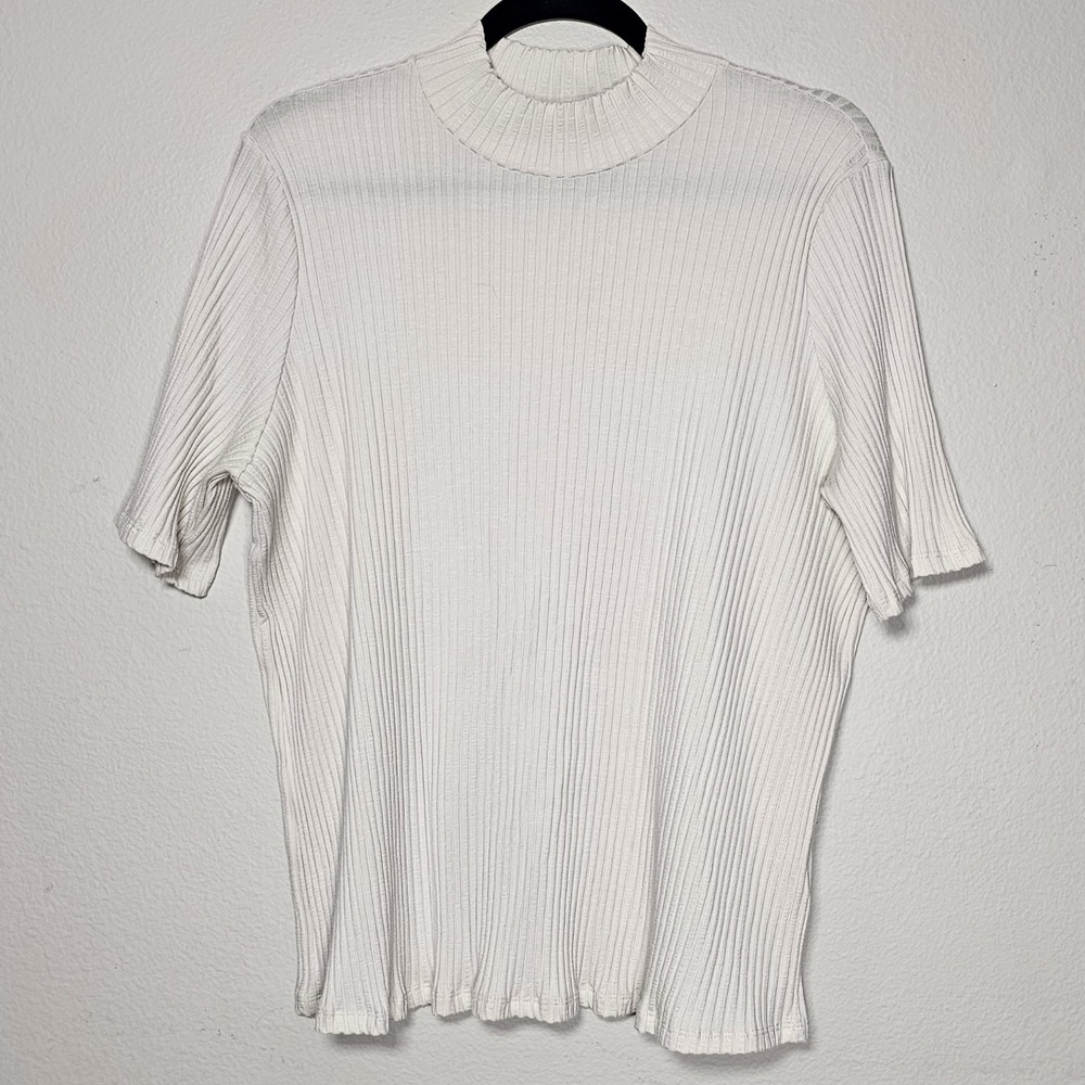 Eileen Fisher‎ Womens XL Off White Mock Neck Ribbed Short Sleeve Shirt Stretch